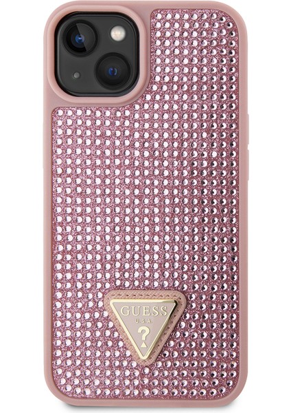 iPhone 14 Uyumlu Kılıf Guess Orjinal Lisanslı Taşlı Arka Yüzey Üçgen Logolu Kapak Pembe