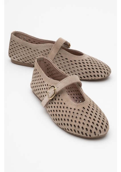 Arian Bej Süet Hakiki Der Delikli Kadın Babet Ayakkabı
