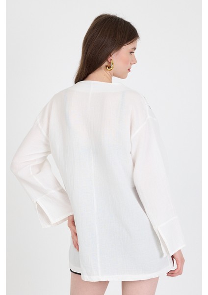 Beyaz Keten Görümümlü %100 Pamuk Işlemeli Kimono 4811A