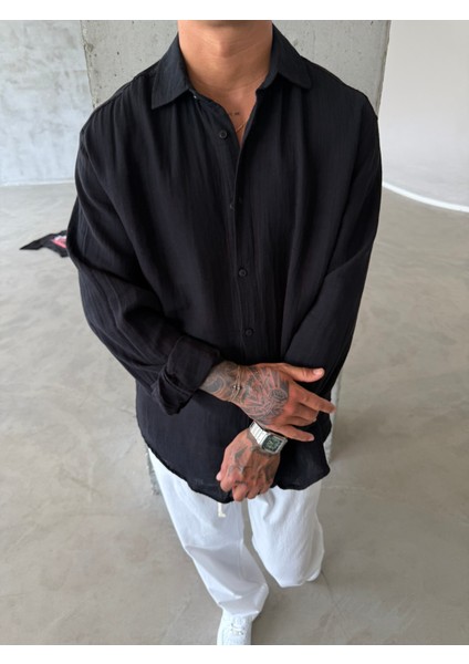 Erkek Oversize Fit Uzun Kollu Müslin Gömlek - Siyah