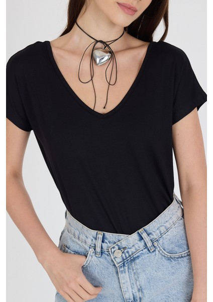 Ön Arka V Yaka Siyah Kadın T-Shirt 0003 modelleri