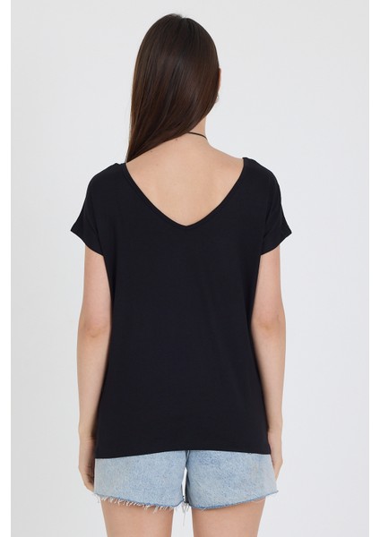 Ön Arka V Yaka Siyah Kadın T-Shirt 0003 indirimleri
