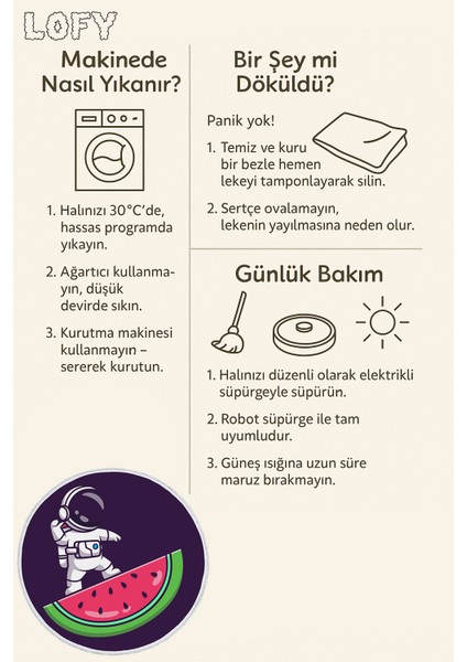 Yuvarlak Çocuk Odası Halısı - Astronot ve Karpuz Desenli Halı | Renkli & Eğlenceli Tasarım | Kaymaz Taban