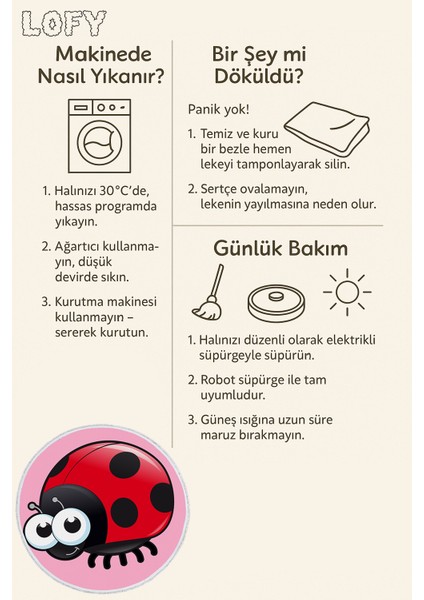 Çocuk Odası Halısı - Uğur Böceği Desenli Pembe Halı | Sevimli Tasarım | Kaymaz & Pamuk Taban