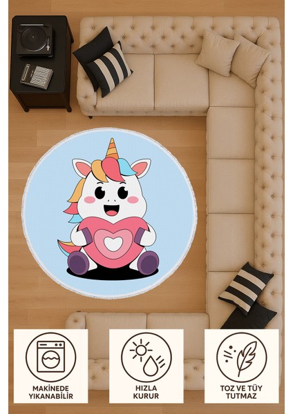 Yuvarlak Çocuk Odası Halısı - Kalpli Unicorn Desenli Renkli Sevimli Halı