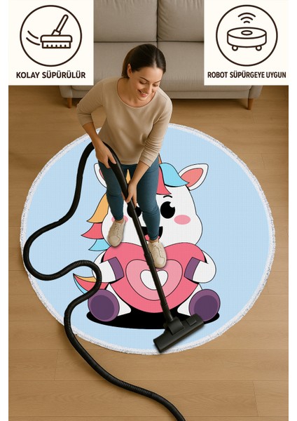 Yuvarlak Çocuk Odası Halısı - Kalpli Unicorn Desenli Renkli Sevimli Halı