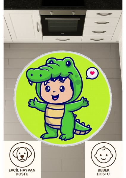 Çocuk Odası Halısı - Timsah Kostümlü Sevimli Çocuk Desenli Yeşil Halı fiyatları