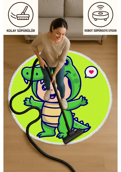 Çocuk Odası Halısı - Timsah Kostümlü Sevimli Çocuk Desenli Yeşil Halı modelleri