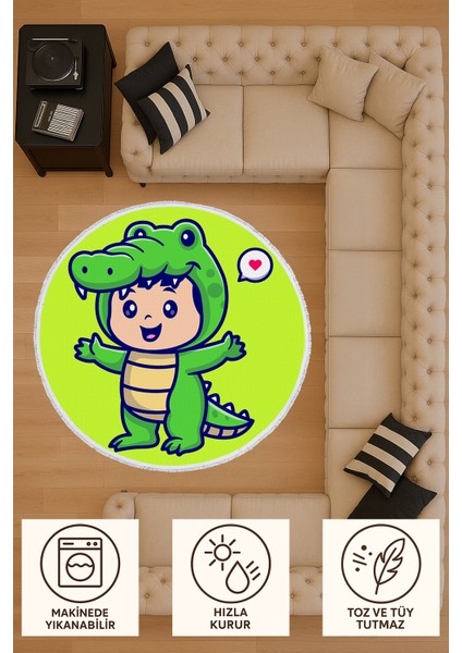 Çocuk Odası Halısı - Timsah Kostümlü Sevimli Çocuk Desenli Yeşil Halı indirimleri