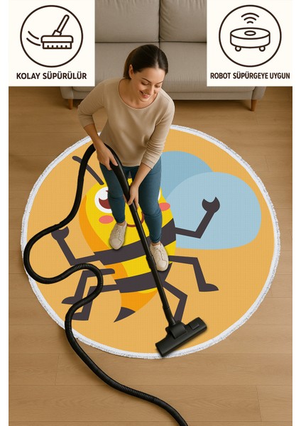Yuvarlak Çocuk Odası Halısı - Neşeli Arı Desenli Turuncu Zeminli Halı