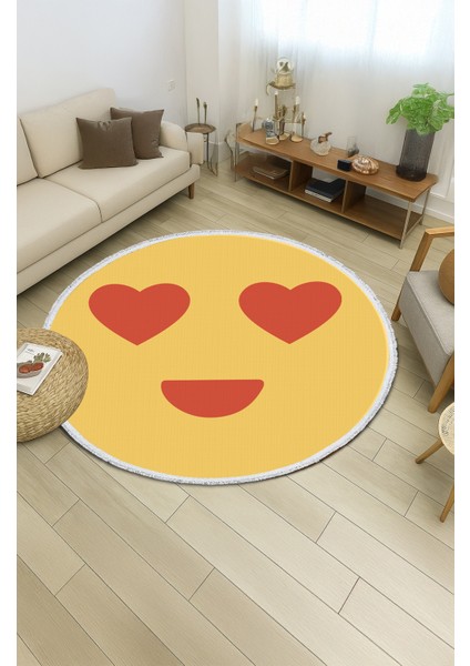 Çocuk Odası Halısı - Kalpli Emoji Desenli Sarı Yuvarlak Halı