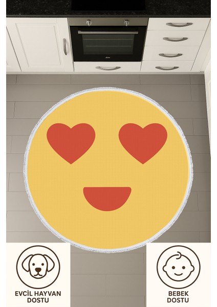 Çocuk Odası Halısı - Kalpli Emoji Desenli Sarı Yuvarlak Halı