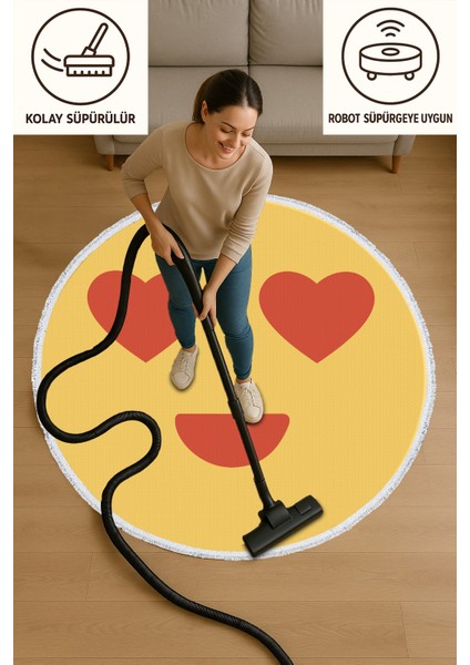 Çocuk Odası Halısı - Kalpli Emoji Desenli Sarı Yuvarlak Halı