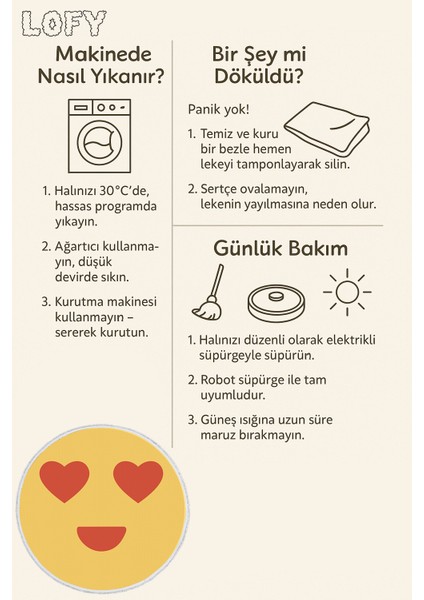 Çocuk Odası Halısı - Kalpli Emoji Desenli Sarı Yuvarlak Halı
