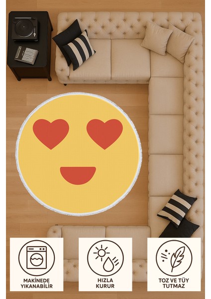Çocuk Odası Halısı - Kalpli Emoji Desenli Sarı Yuvarlak Halı