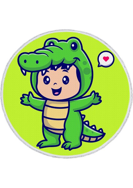 Çocuk Odası Halısı - Timsah Kostümlü Sevimli Çocuk Desenli Yeşil Halı