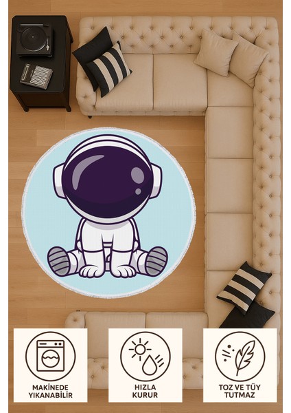 Yuvarlak Çocuk Odası Halısı - Uzay Temalı Sevimli Astronot Desenli Halı modelleri