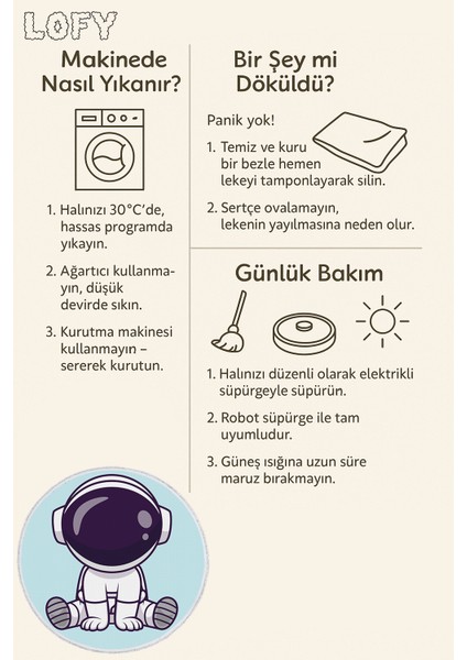 Yuvarlak Çocuk Odası Halısı - Uzay Temalı Sevimli Astronot Desenli Halı