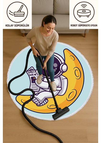 Çocuk Odası Halısı – Ay Üzerinde Gazete Okuyan Astronot Deseni | Kaymaz Tabanlı | Mavi Zemin modelleri
