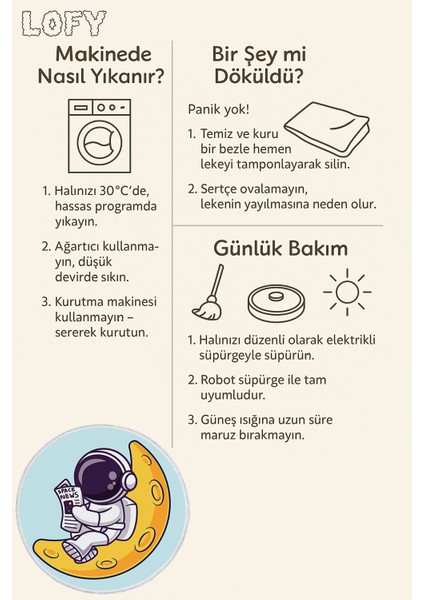 Çocuk Odası Halısı – Ay Üzerinde Gazete Okuyan Astronot Deseni | Kaymaz Tabanlı | Mavi Zemin