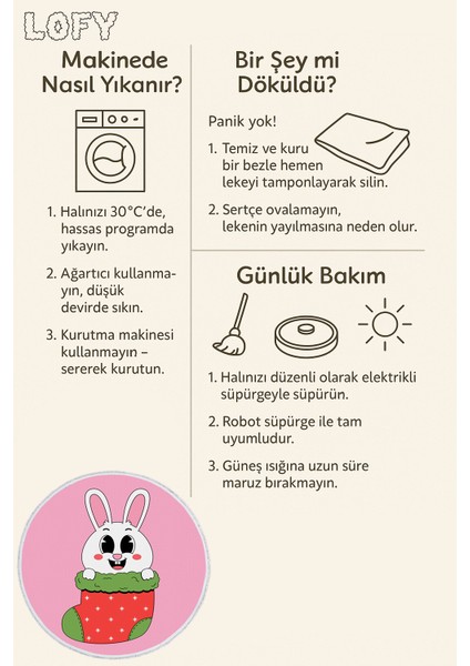 Çocuk Odası Halısı - Pembe Zemin Üzerinde Tavşan ve Noel Çorabı Desenli Kaymaz Taban Halı