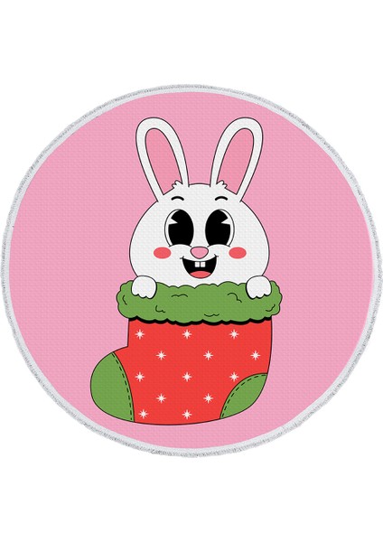 Çocuk Odası Halısı - Pembe Zemin Üzerinde Tavşan ve Noel Çorabı Desenli Kaymaz Taban Halı
