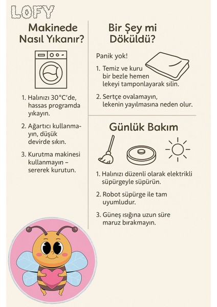 Yuvarlak Çocuk Odası Halısı - Kalpli Arı Desenli Sevimli Kaymaz Halı | Pembe Renk | Pamuk Taban