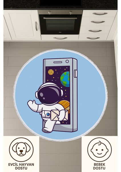 Yuvarlak Çocuk Odası Halısı - Astronot ve Uzay Temalı Telefon Desenli Renkli Halı
