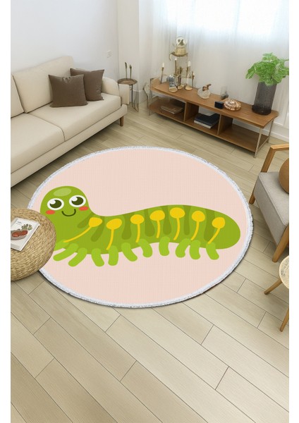 Çocuk Odası Halısı - Sevimli Tırtıl Desenli Yeşil Kaymaz Halı