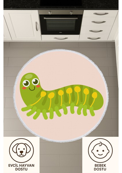 Çocuk Odası Halısı - Sevimli Tırtıl Desenli Yeşil Kaymaz Halı fiyatları