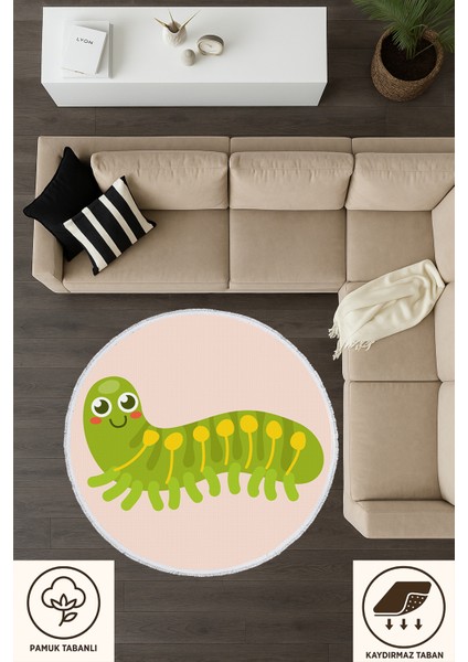 Çocuk Odası Halısı - Sevimli Tırtıl Desenli Yeşil Kaymaz Halı fırsatları