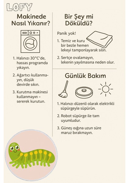 Çocuk Odası Halısı - Sevimli Tırtıl Desenli Yeşil Kaymaz Halı