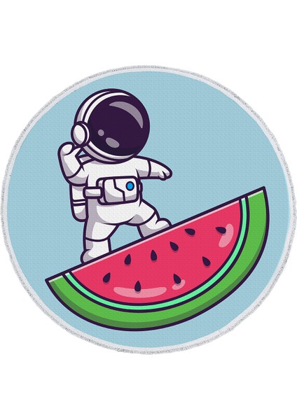 Yuvarlak Çocuk Odası Halısı - Karpuz Üzerinde Astronot Desenli Renkli Halı