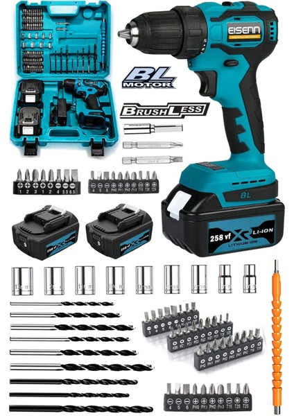 Mavi Eco Kömürsüz Vidalama Matkap Seti, 86 Parça, Akülü, Güçlü ve Dayanıklı