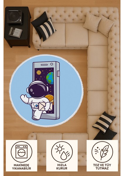 Yuvarlak Çocuk Odası Halısı - Astronot ve Uzay Temalı Telefon Desenli Renkli Halı indirimleri
