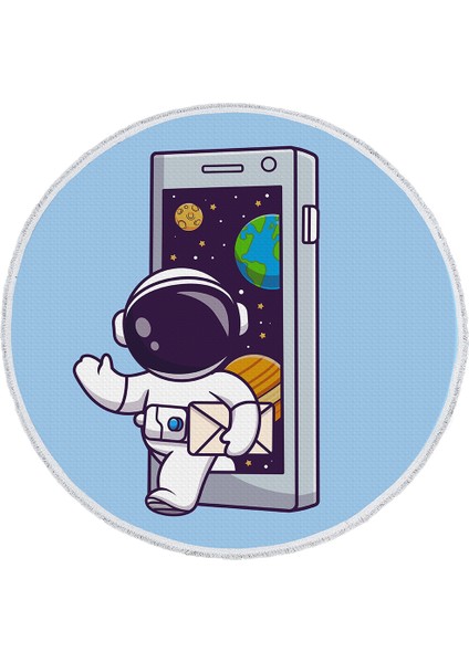 Yuvarlak Çocuk Odası Halısı - Astronot ve Uzay Temalı Telefon Desenli Renkli Halı