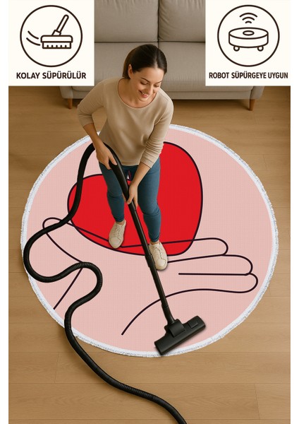 Yuvarlak Halı – Kalp Tutan El Deseni | Minimal & Modern | Kaymaz Taban | 100 cm