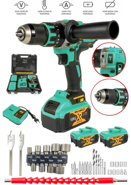 128V 10AH Darbeli Şarjlı Matkap Seti, Çift Akülü, Metal Şanzıman, Vidalama, 39 Parça