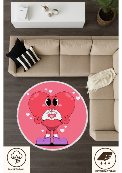 Çocuk Odası Halısı - Kalpli Karakter Desenli Sevimli Pembe Halı