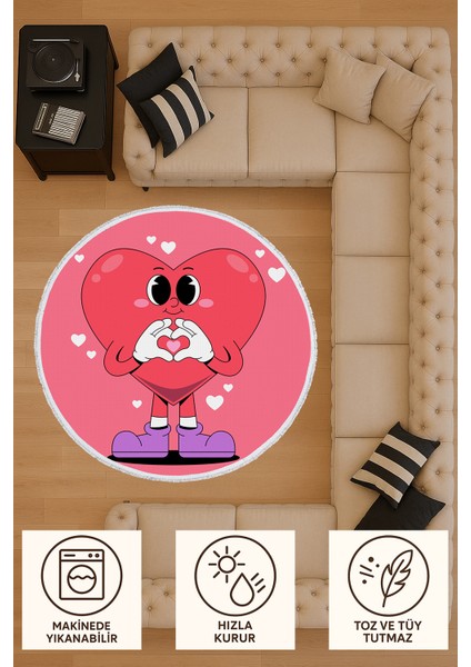 Çocuk Odası Halısı - Kalpli Karakter Desenli Sevimli Pembe Halı