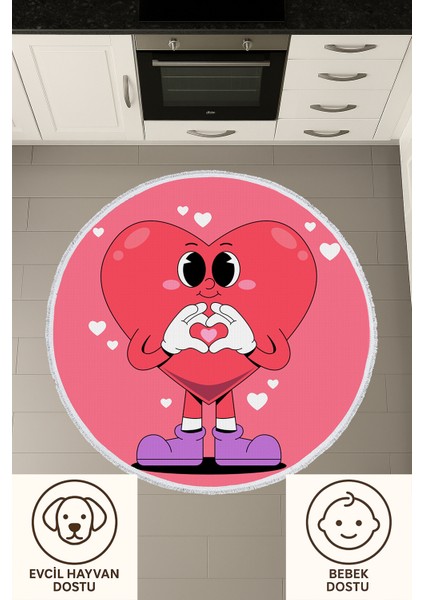 Çocuk Odası Halısı - Kalpli Karakter Desenli Sevimli Pembe Halı