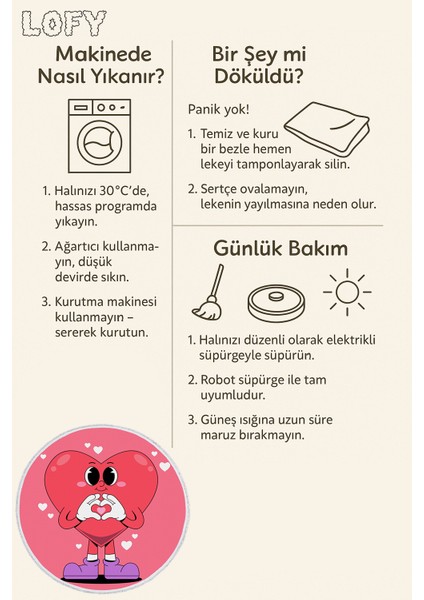 Çocuk Odası Halısı - Kalpli Karakter Desenli Sevimli Pembe Halı