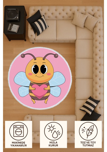 Yuvarlak Çocuk Odası Halısı - Kalpli Arı Desenli Sevimli Kaymaz Halı | Pembe Renk | Pamuk Taban