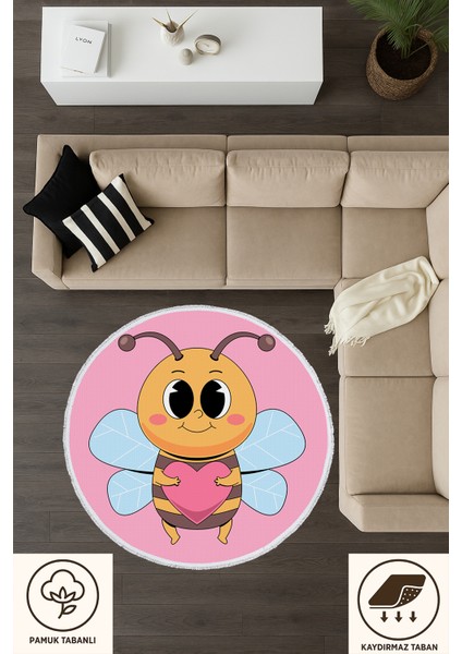 Yuvarlak Çocuk Odası Halısı - Kalpli Arı Desenli Sevimli Kaymaz Halı | Pembe Renk | Pamuk Taban fiyatları