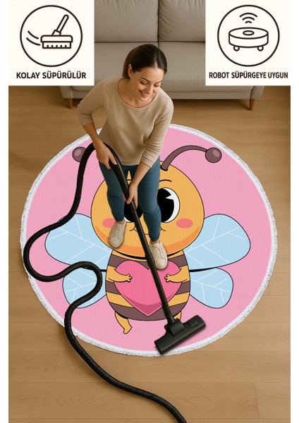 Yuvarlak Çocuk Odası Halısı - Kalpli Arı Desenli Sevimli Kaymaz Halı | Pembe Renk | Pamuk Taban modelleri