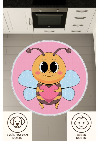 Yuvarlak Çocuk Odası Halısı - Kalpli Arı Desenli Sevimli Kaymaz Halı | Pembe Renk | Pamuk Taban fırsatları