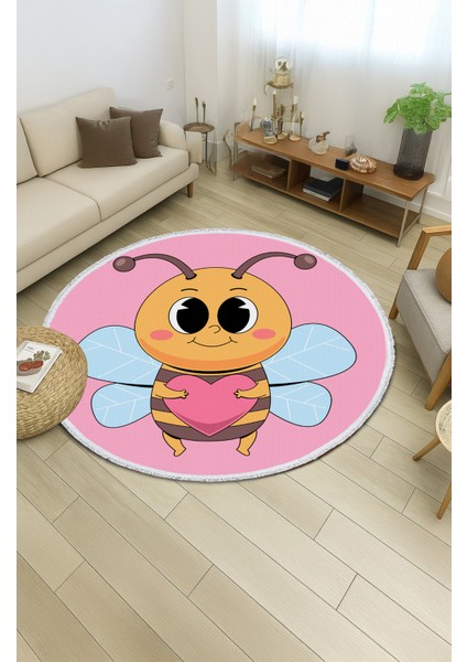 Yuvarlak Çocuk Odası Halısı - Kalpli Arı Desenli Sevimli Kaymaz Halı | Pembe Renk | Pamuk Taban