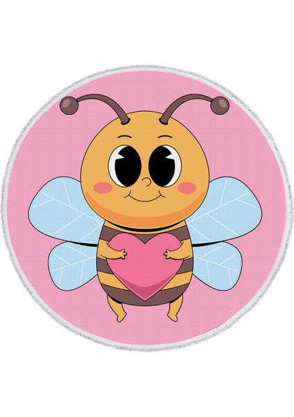 Yuvarlak Çocuk Odası Halısı - Kalpli Arı Desenli Sevimli Kaymaz Halı | Pembe Renk | Pamuk Taban