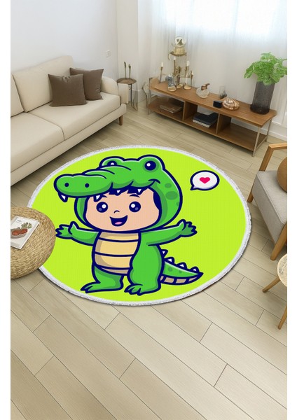Çocuk Odası Halısı - Timsah Kostümlü Sevimli Çocuk Desenli Yeşil Halı