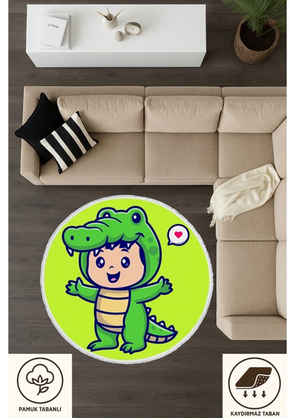 Çocuk Odası Halısı - Timsah Kostümlü Sevimli Çocuk Desenli Yeşil Halı fırsatları